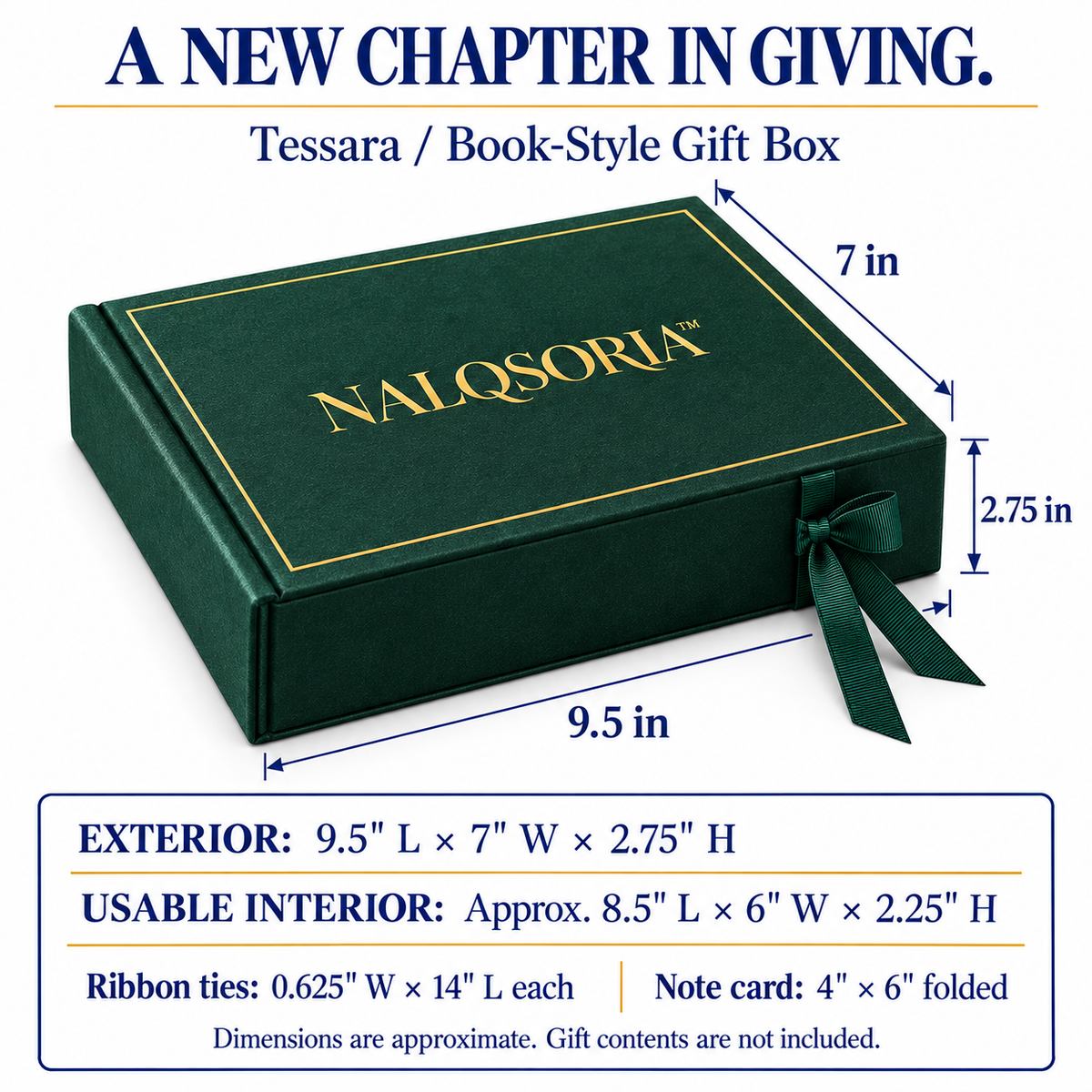 NALQSORIA™ Tessara Book-Style Gift Box — Hinged Keepsake Presentation Box with Ribbon Tie, Tissue Paper & Note Card for Holiday Gifts, Stationery & Accessories