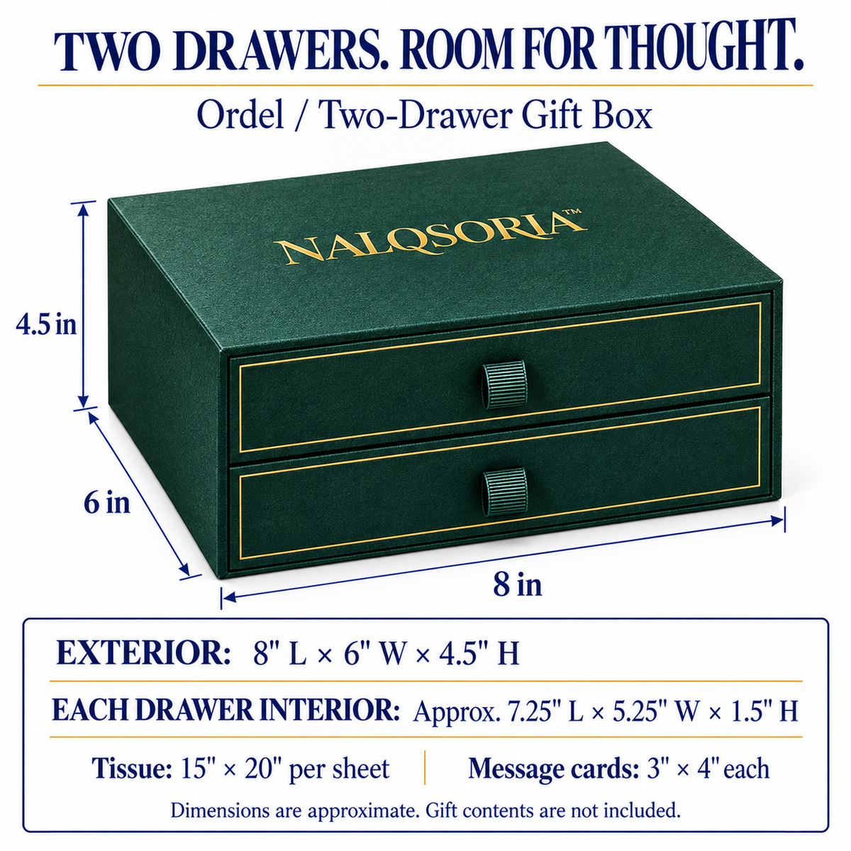 NALQSORIA™ Ordel Two-Drawer Gift Box — Decorative Keepsake Packaging with Ribbon Pulls, Tissue Paper & Message Cards for Jewelry, Accessories & Holiday Gifts