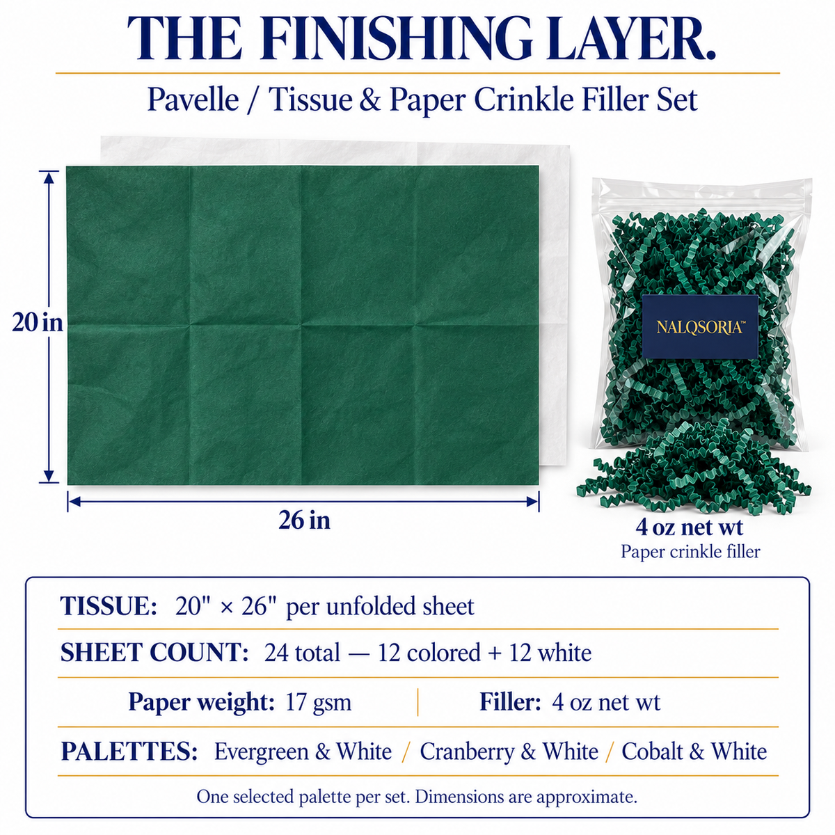 NALQSORIA™ Pavelle Tissue Paper & Crinkle Filler Set — 24 Gift Wrap Sheets with 4 oz Paper Shred for Holiday Gift Boxes, Bags & Decorative Gift Arrangements