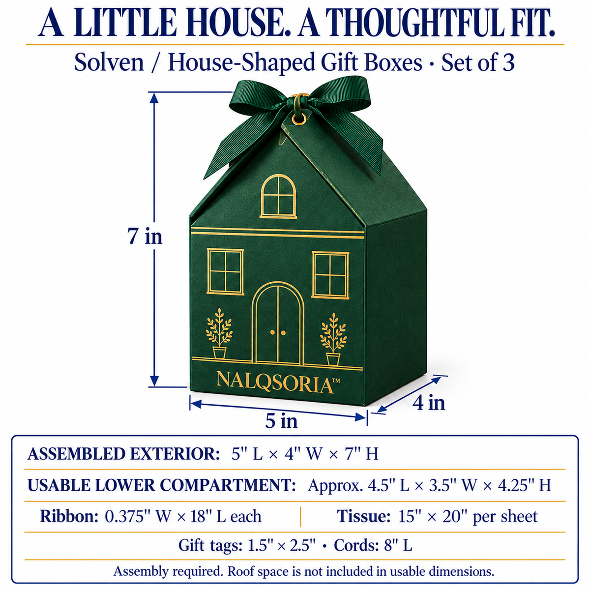 NALQSORIA™ Solven House-Shaped Gift Boxes — Set of 3 Decorative Holiday Favor Boxes with Roof Closures, Tissue Paper & Tags for Christmas Gift Packaging
